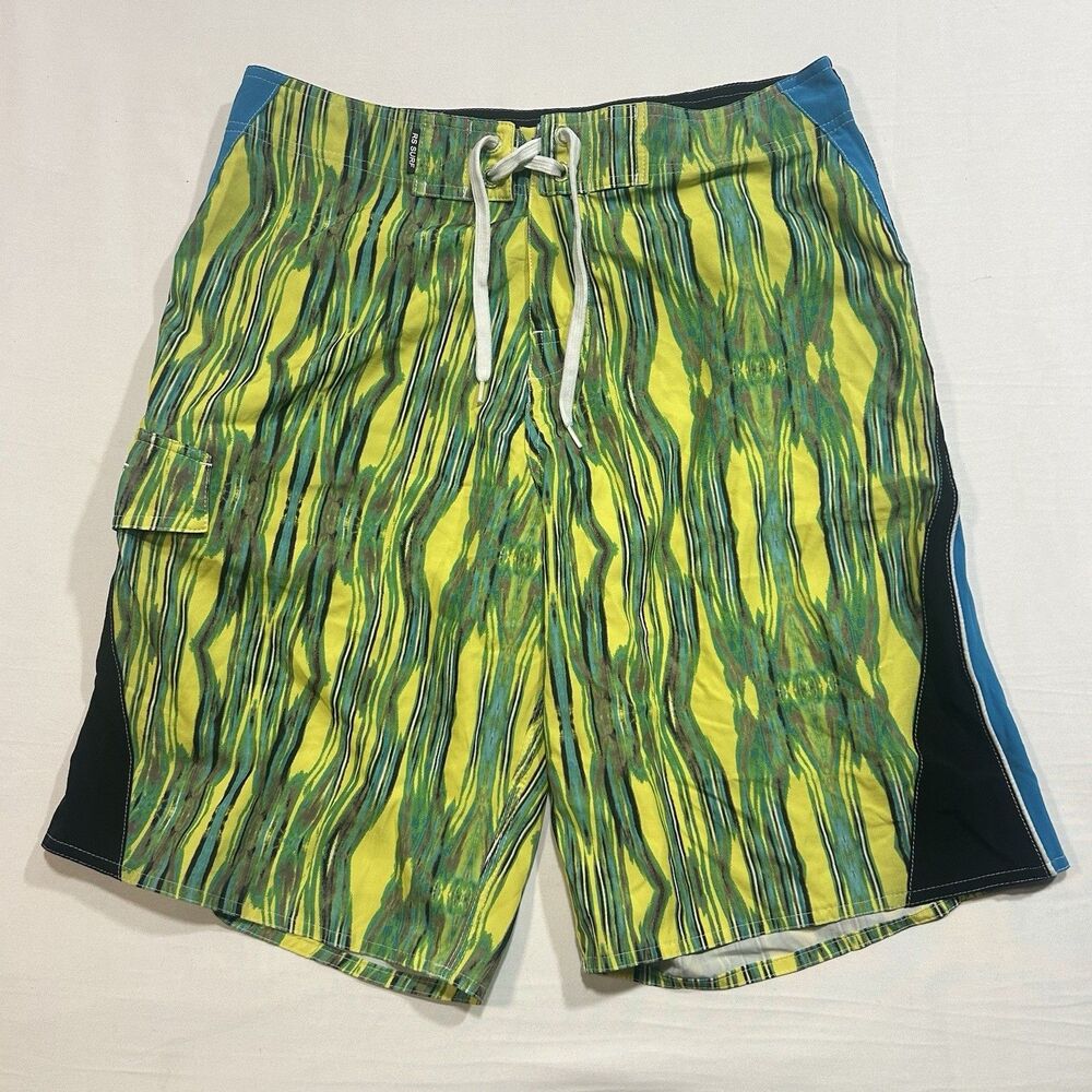 RS SURF Board Shorts for Size 32 Yellow Green Abstract Wavy Swim Trunks Stretch